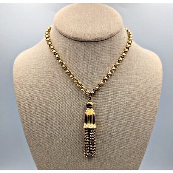 Vintage 1940s Trifari Gold Tone Collar Chain Necklace With Tassel 16" - Picture 4 of 15